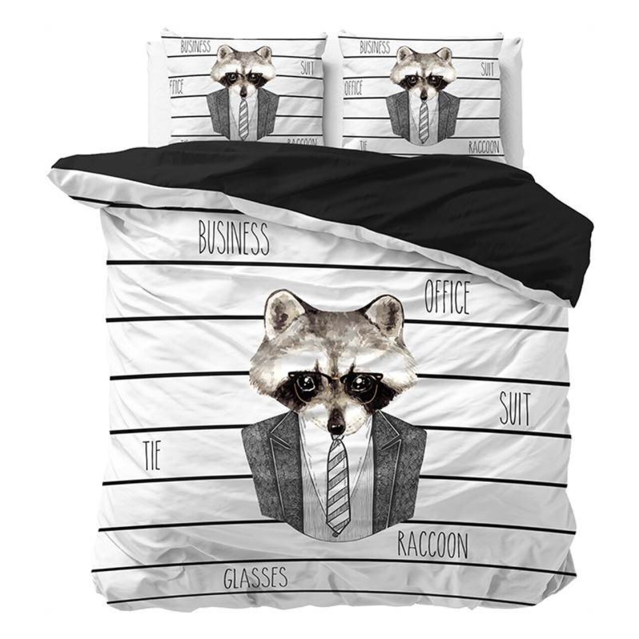 Lenjerie De Pat Dubla Business Racoon White, Dreamhouse, 3 Piese, 200x220 Cm, 100% Bumbac, Alb/gri