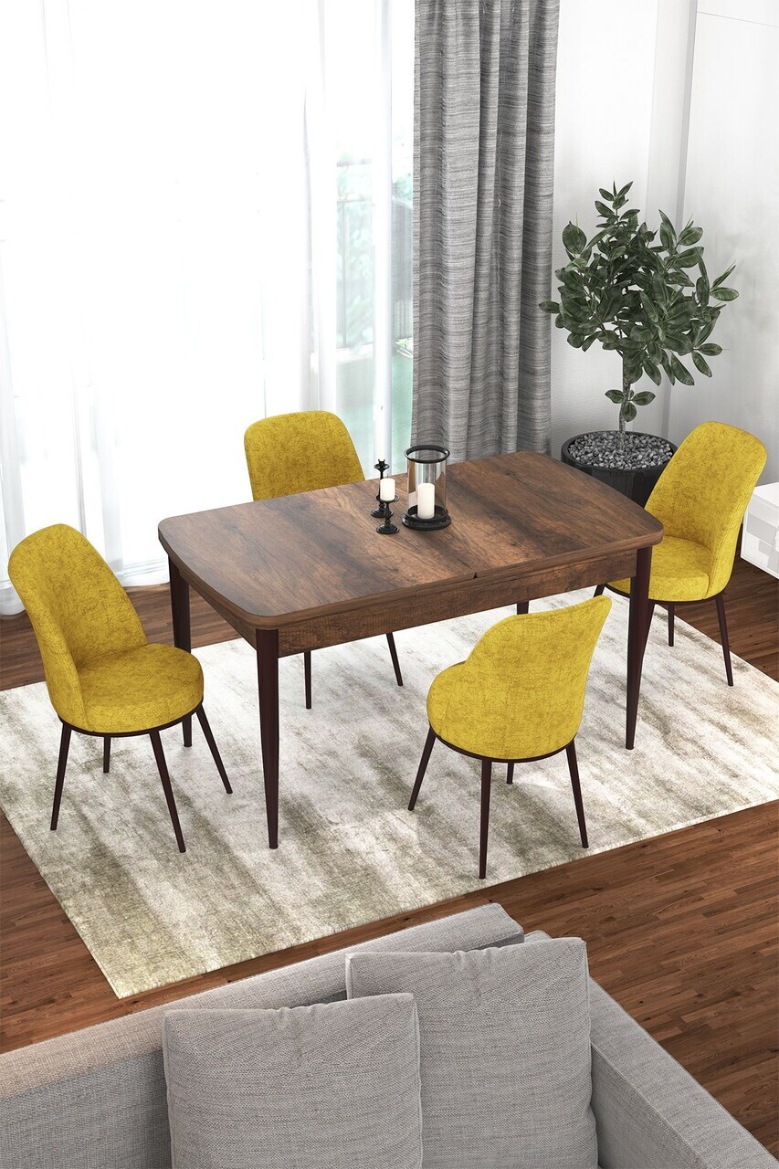 Set masa extensibila si scaune (5 piese), Hanah Home, Via, Model baroc din lemn / Muștar
