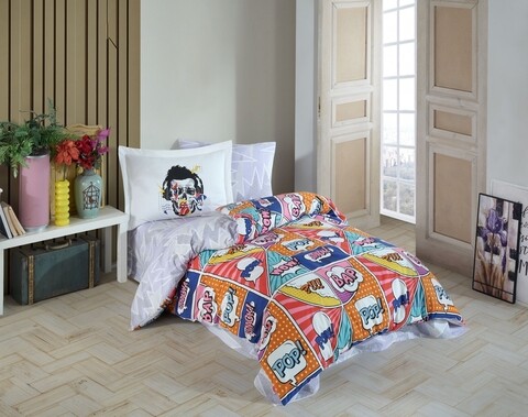 Lenjerie de pat pentru o persoana, 3 piese, 160x220 cm, 100% bumbac poplin, hobby, wow, multicolor