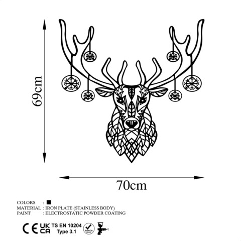 Decoratiune de perete, Christmas Deer, Metal, Dimensiune: 70 x 69 cm, Negru