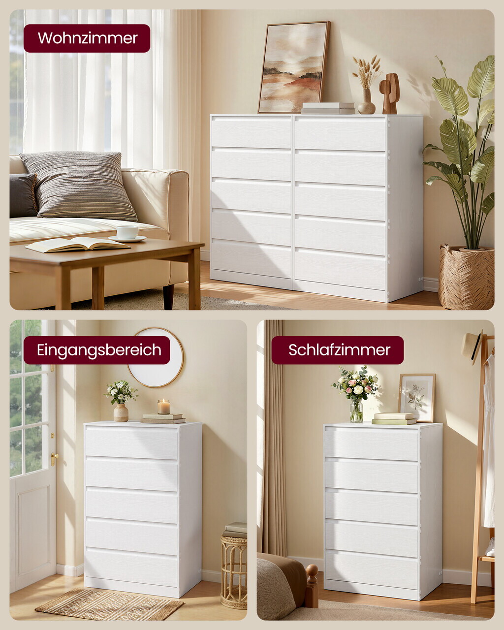 Comoda cu 5 sertare Kailyn, Songmics, 60x40x97.4 cm, PAL/MDF, alb - imagine 2