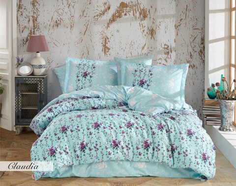 Lenjerie de pat dubla, 4 piese, 200x220 cm, 100% bumbac poplin, hobby, cloudia, turcoaz