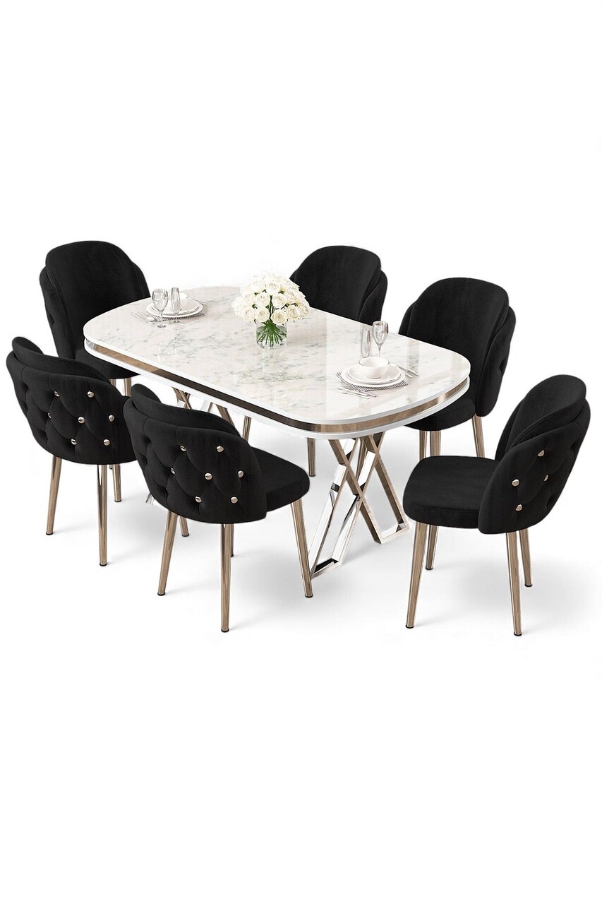 Set masă și scaune (7 piese), Hanah Home, Zae, MARMURĂ ALBĂ CROM / NEGRU - view 2