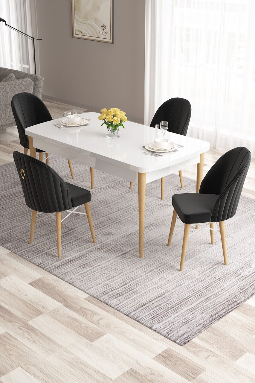 Set masa extensibila si scaune (5 piese), Hanah Home, Roz, Alb / Lemn natural / Negru