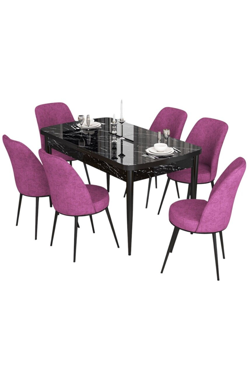 Set masa extensibila si scaune (7 piese), Hanah Home, Via, Model de marmură neagră / violet — imaginea 2