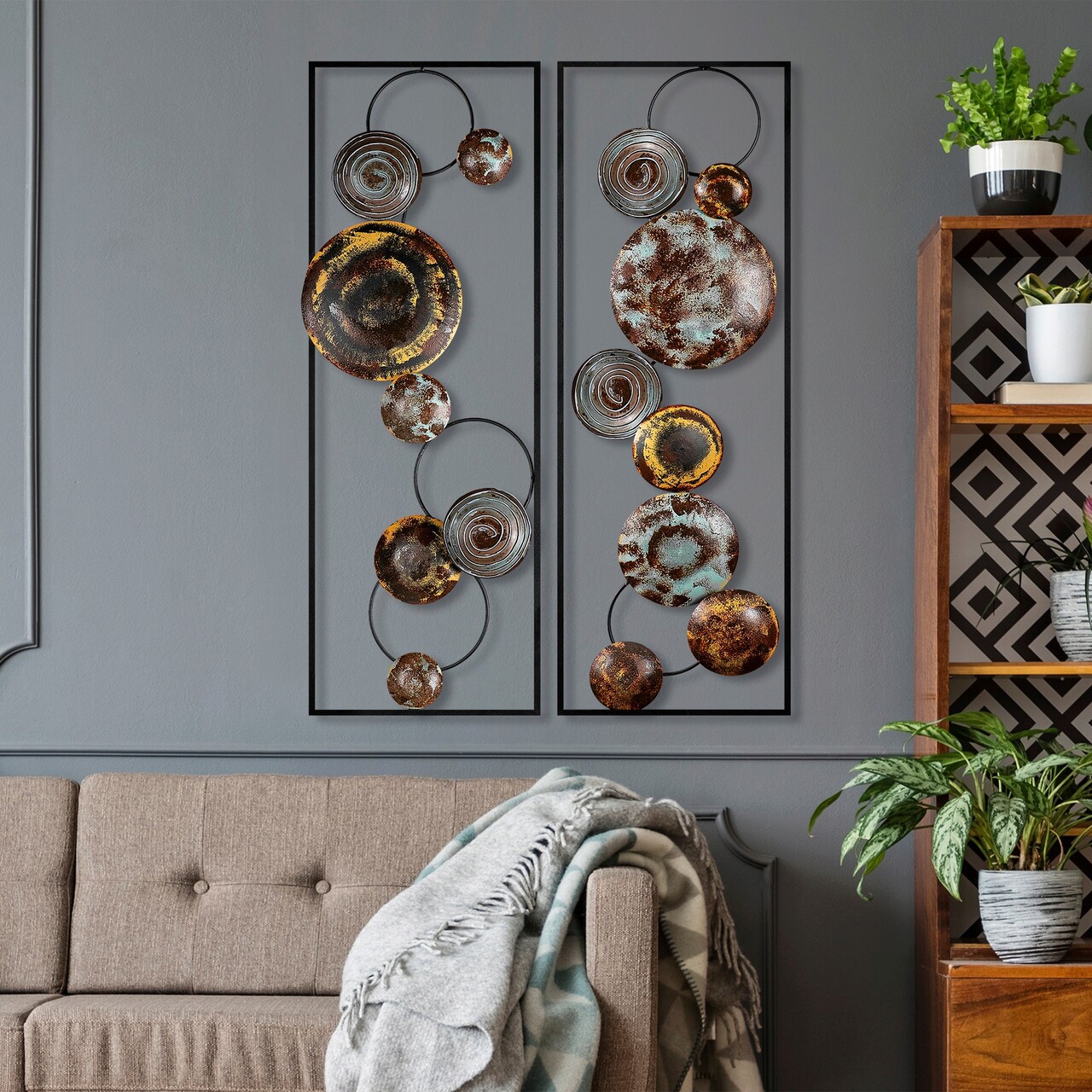 Decoratiune de perete, Textured, Metal, Latime: 32 cm / Inaltime: 92 cm / Adancime: 4 cm (2 bucati), Multicolor - 1 | YEO
