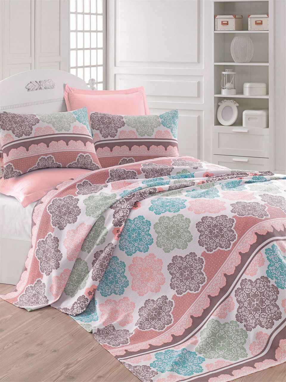 Set cuvertura pique Single 2 piese, Andalucia - Turquoise, EnLora Home, Bumbac