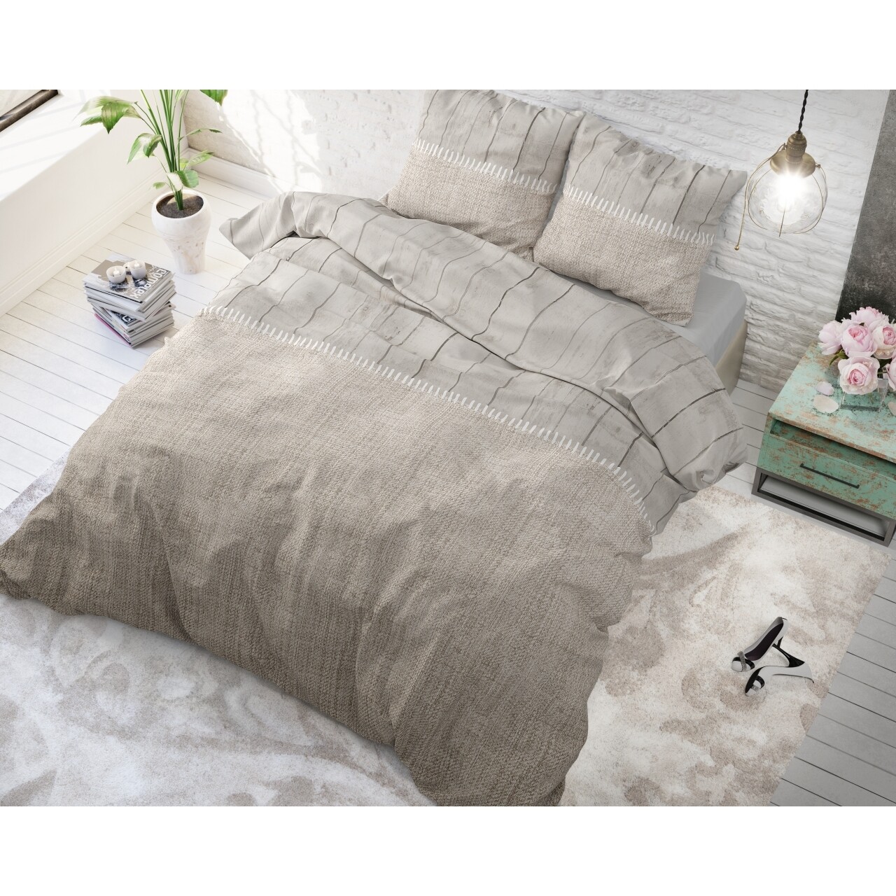 Lenjerie De Pat Dubla Wood Fabric Taupe, Royal Textile, 3 Piese, 200 X 220 Cm, 100% Bumbac, Taupe