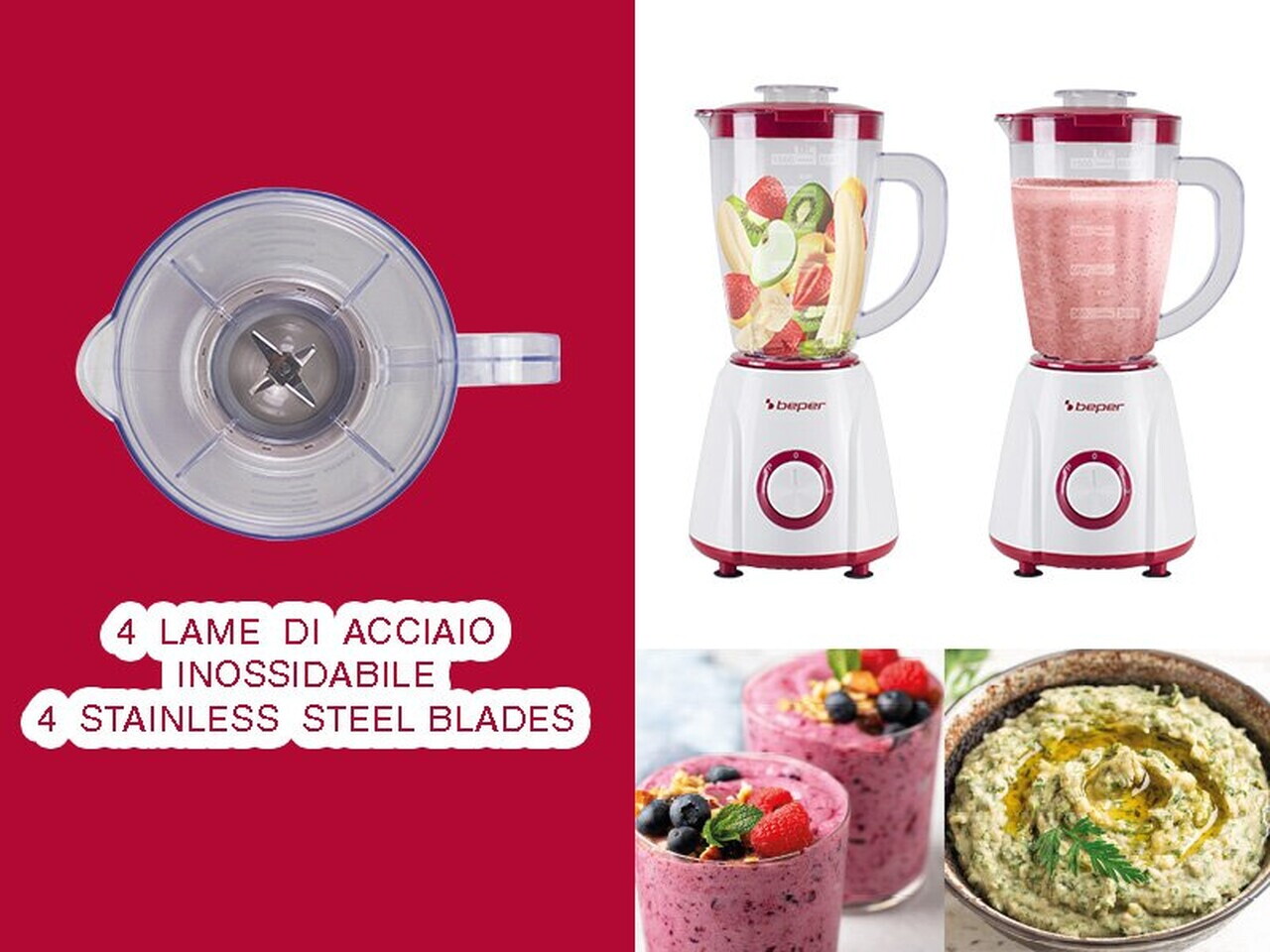Blender de masa Beper, 17.5x18.5x37 cm, 400W, 1.5L, plastic/inox, alb/rosu - view 5