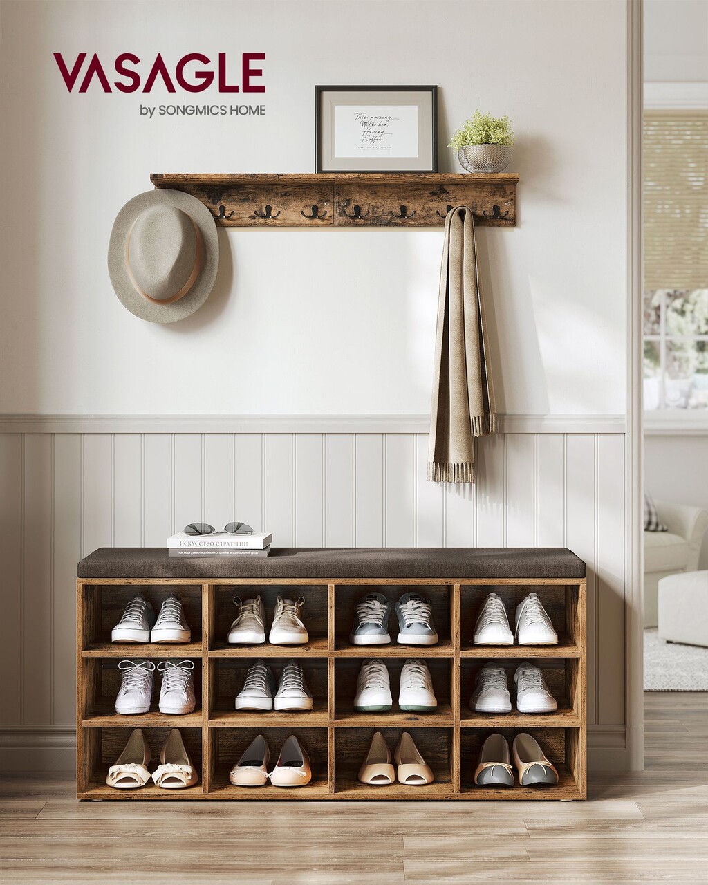 Bancheta cu pantofar Vasagle, 12 compartimente, 104x30.3x48 cm, max 136 kg, PAL, maro rustic