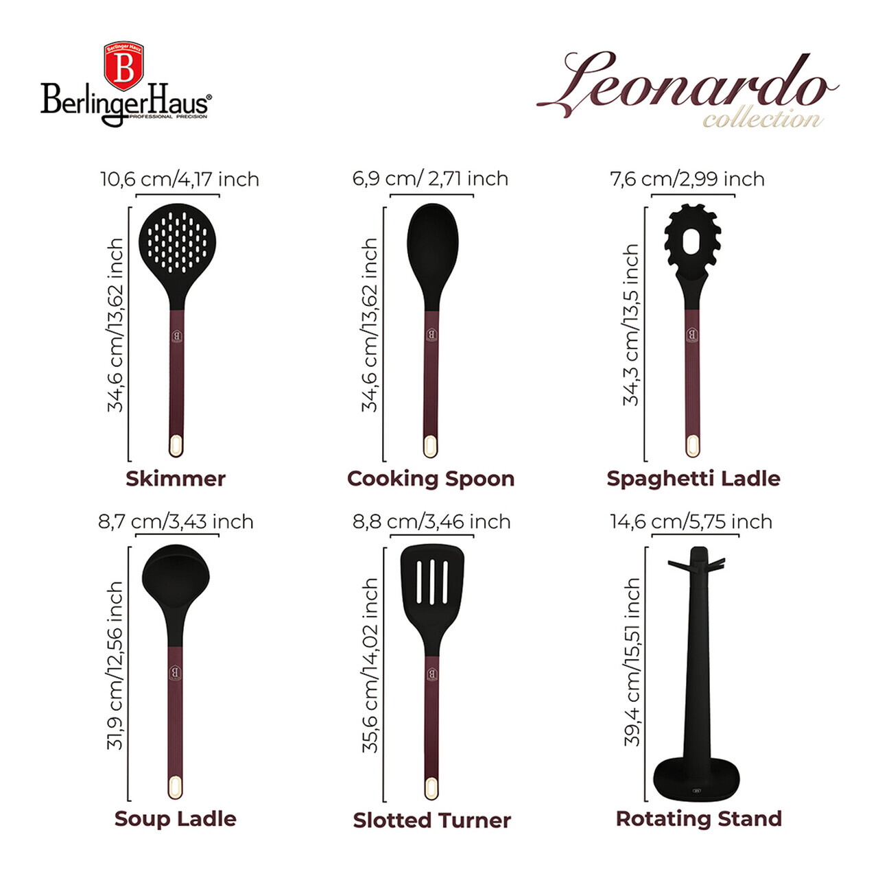 Set 5 ustensile de bucatarie cu suport, Berlinger Haus, Leonardo, nailon/plastic, visiniu mat/negru - imagine 8