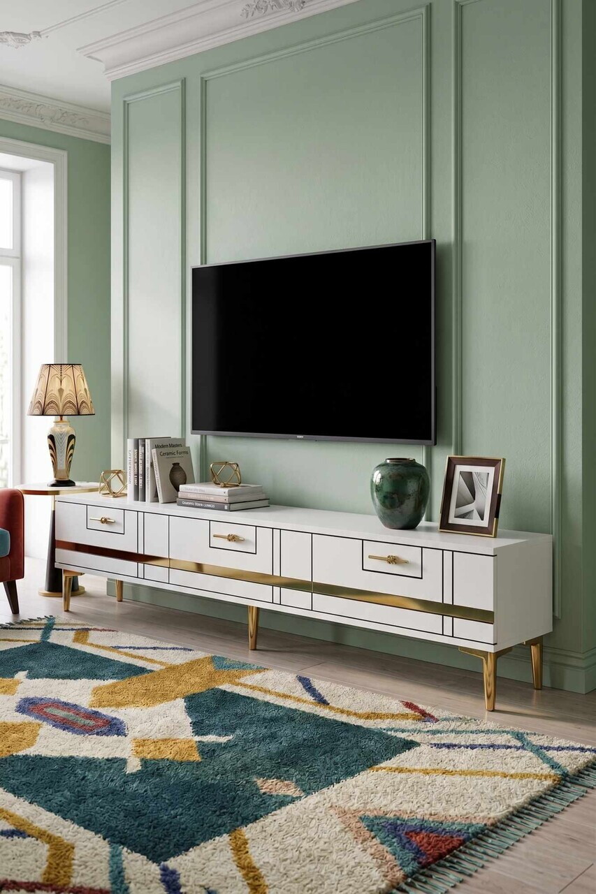 Comoda TV, Hanah Home, Ilay, 180x41x30 cm, Alb/Auriu