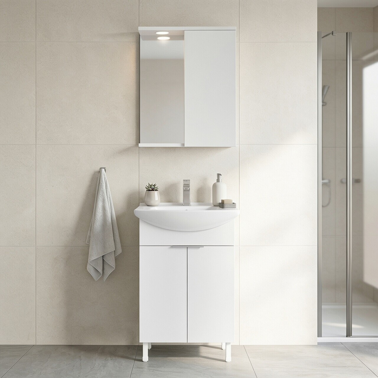 Set Dulap de Baie cu Chiuvetă și Oglindă (2 Piese), Hanah Home, Purus 55, Alb