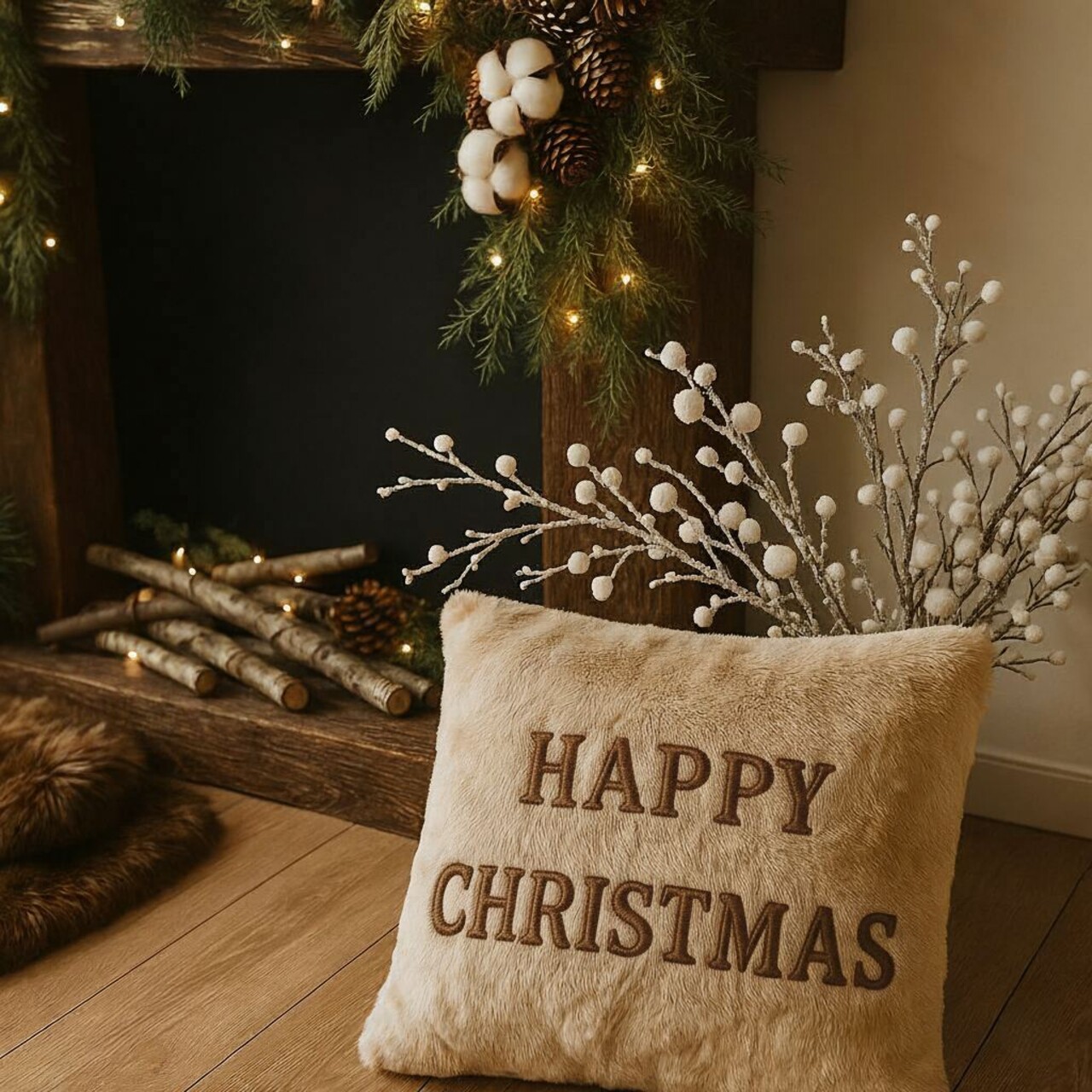 Perna Happy Christmas 43x43 cm Poliester Bej