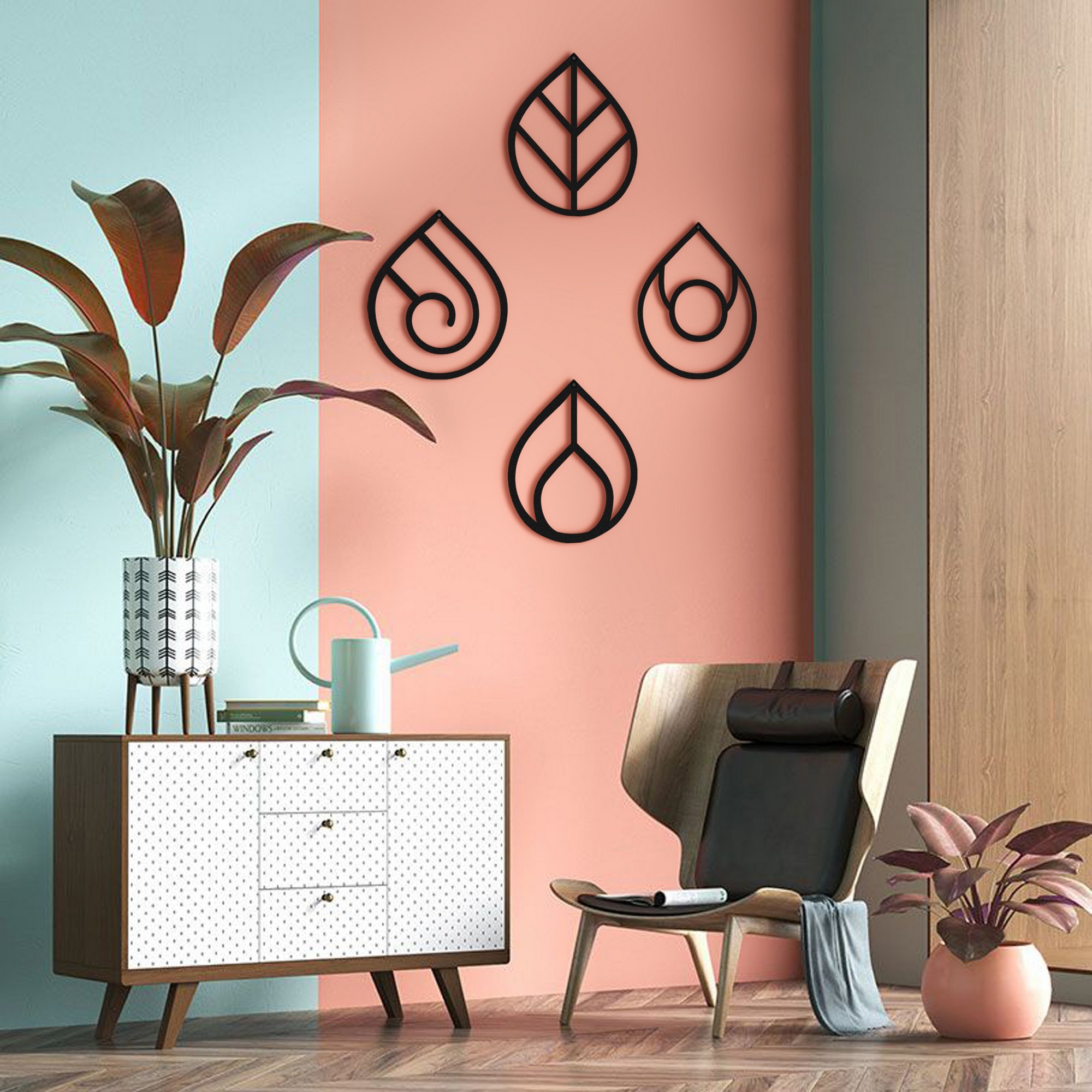 Set de accesorii decorative de perete din metal, DK-ELT-001, Dimensiune: 33 x 40 x 0,15 cm (4 bucăți), Negru