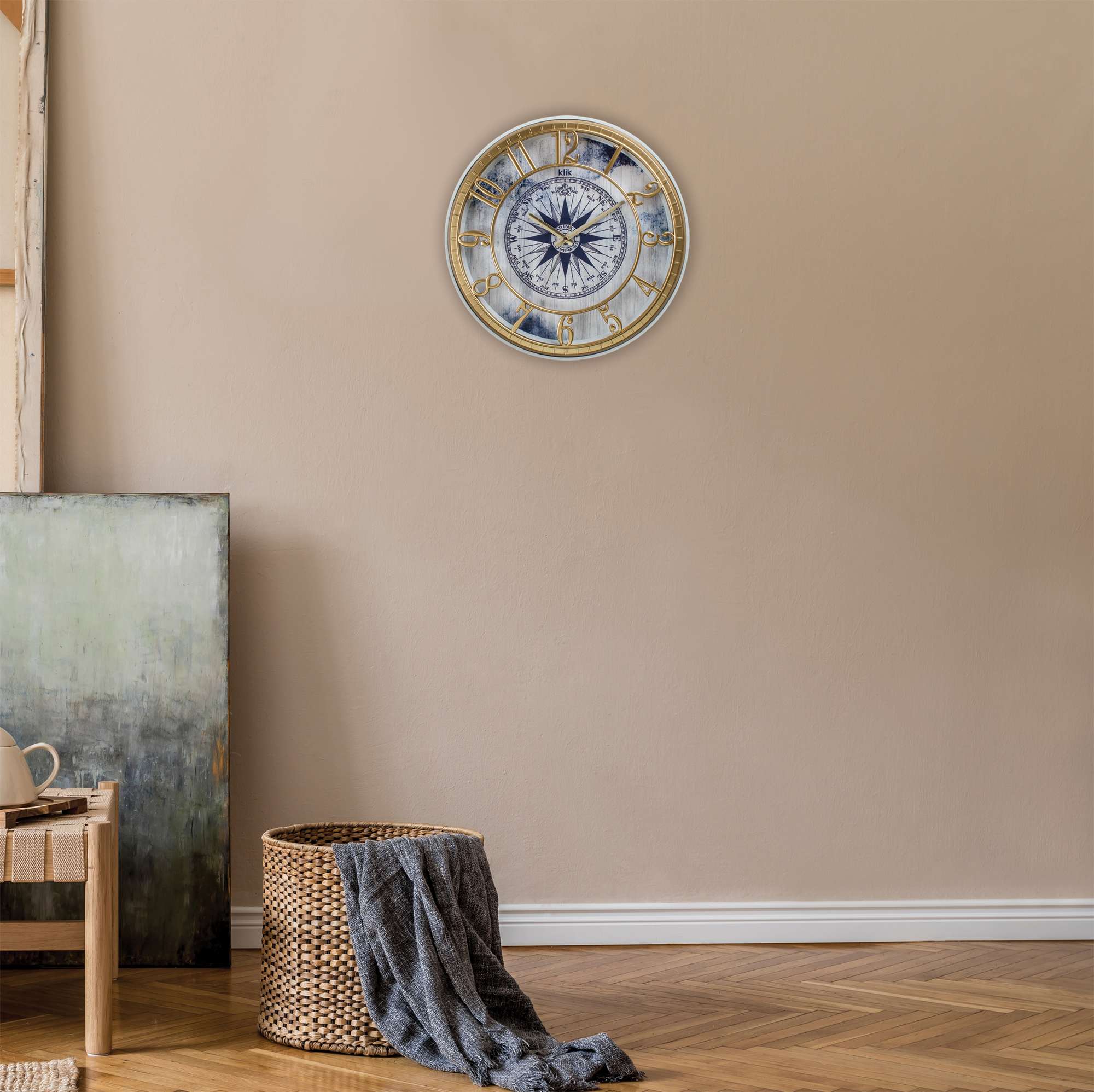 Ceas de perete decorativ, Hisar Compass, 90% PLASTIC/10% STICLĂ, Dimensiune: 40 x 40 cm, Aur / Albastru