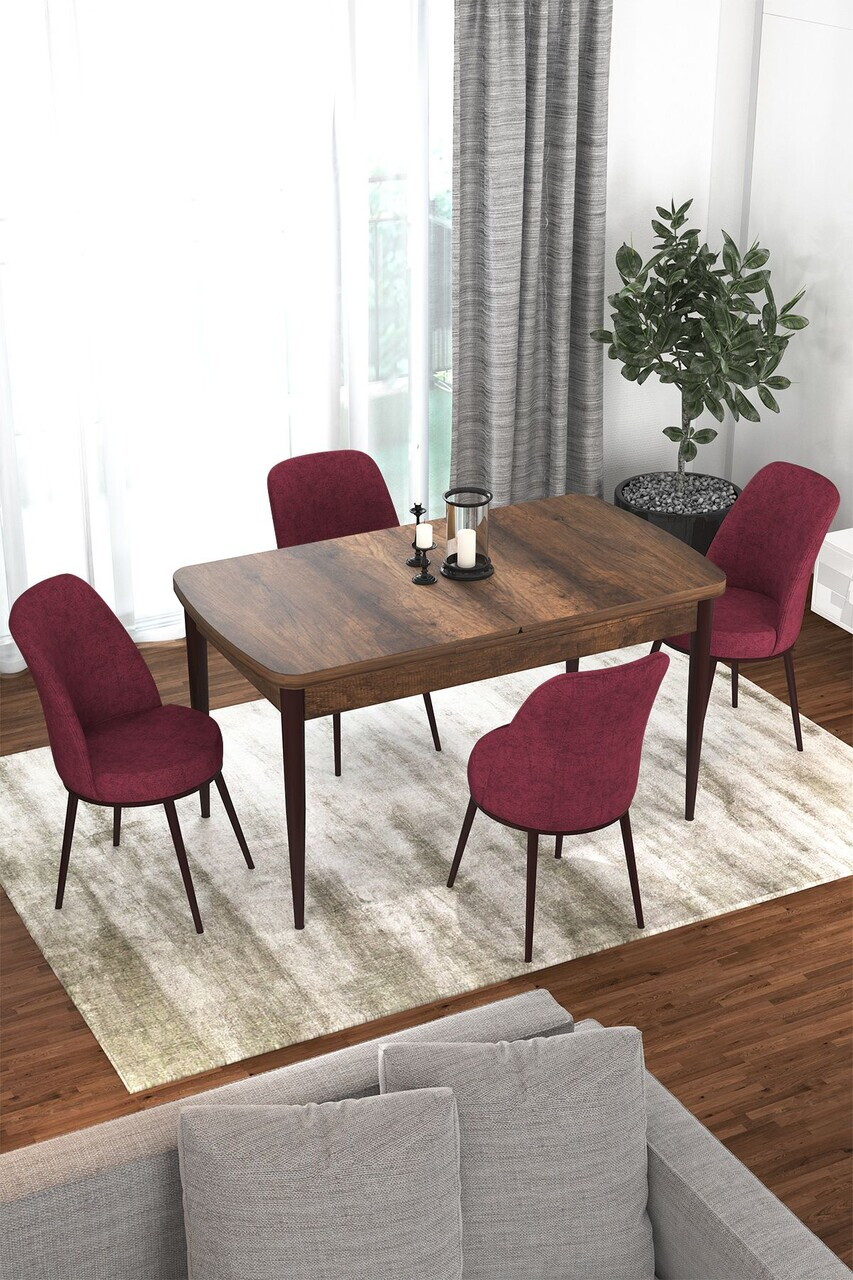 Set masa extensibila si scaune (5 piese), Hanah Home, Via, Model baroc din lemn / Burgundia