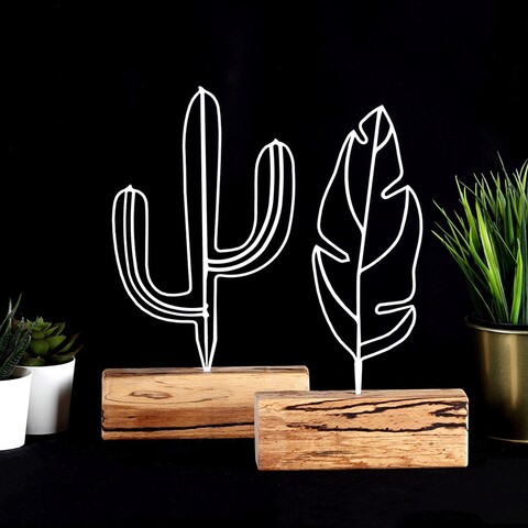 Set 2 decoratiuni, cactus feather mini set, metal, alb