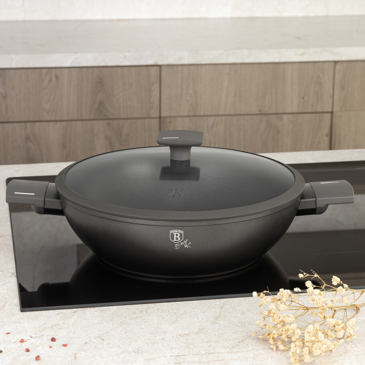 Tigaie Wok cu capac Berlinger Haus, Anthracite, 30 cm, aluminiu forjat, antracit mat - imagine 2