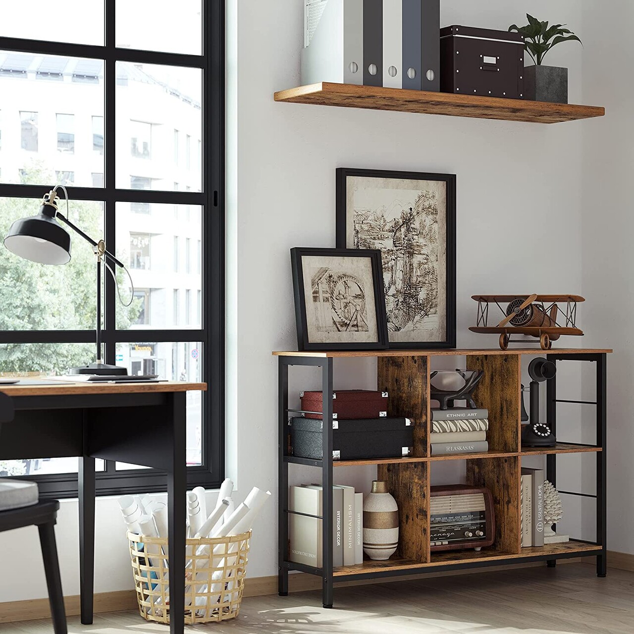 Biblioteca / consola, Vasagle, 120x33x80 cm, PAL/otel, maro rustic - 2 | YEO