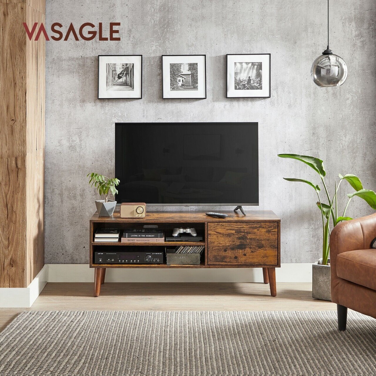 Comoda TV Retro, Vasagle, 120x40x49 cm, TV pana la 55 cm, PAL/picioare de stejar, maro - 1 | YEO