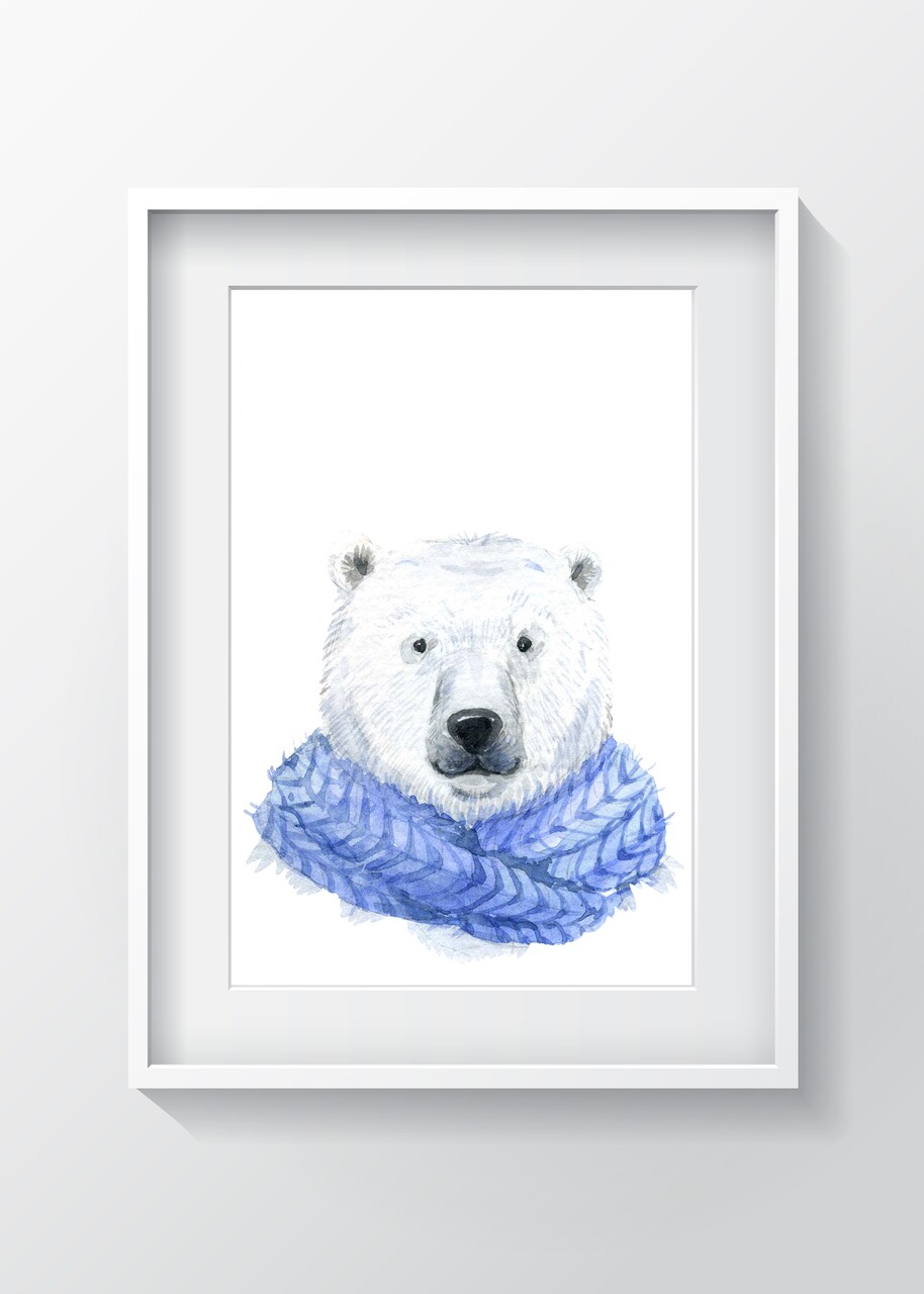 Tablou decorativ Bear w scarf, Oyo Kids, 29x24 cm, lemn/MDF, multicolor