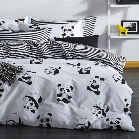 Lenjerie de pat dubla King (EU) (ES), 3 piese, Panda, EnLora Home, 65% bumbac/35% poliester EnLora Home