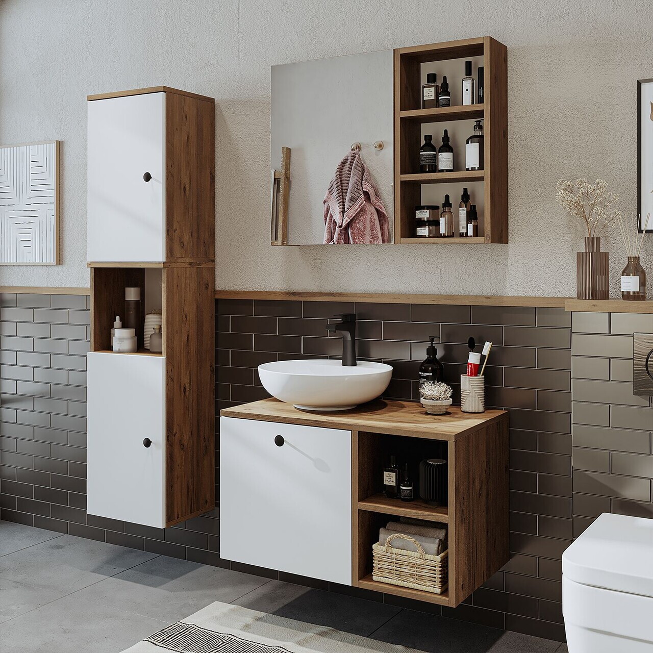 Set Dulap de Baie cu Chiuvetă și Oglindă (3 Piese), Hanah Home, 2479, MDF, Pin Atlantic / Alb