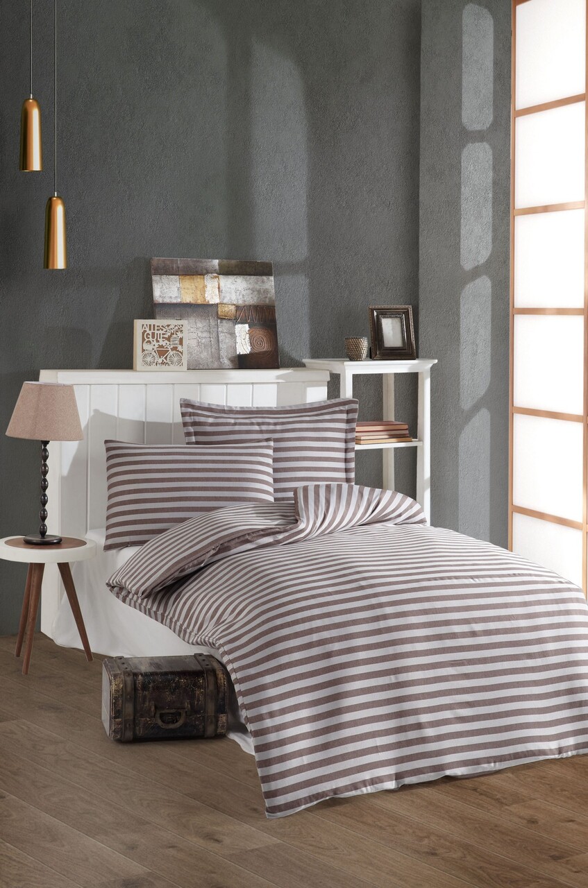 Lenjerie de pat pentru o persoana 2 piese, Water Yollu Saten - Brown, EnLora Home, 70% bumbac/30% poliester