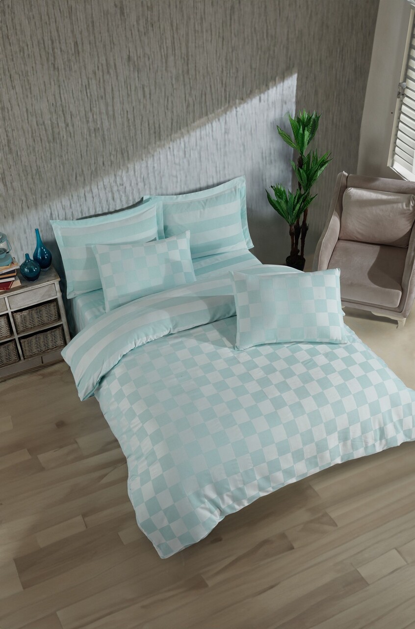 Lenjerie de pat dubla 3 piese, Kareli Saten - Mint, EnLora Home, 70% bumbac/30% poliester