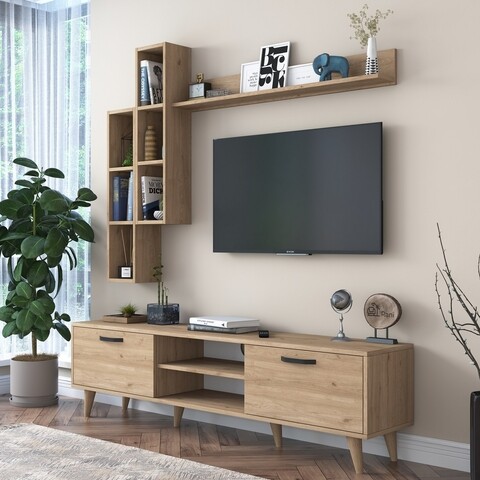 Comoda TV cu 3 rafturi, Wren, M16 – 405, pal melaminat, nuc mezoni.ro