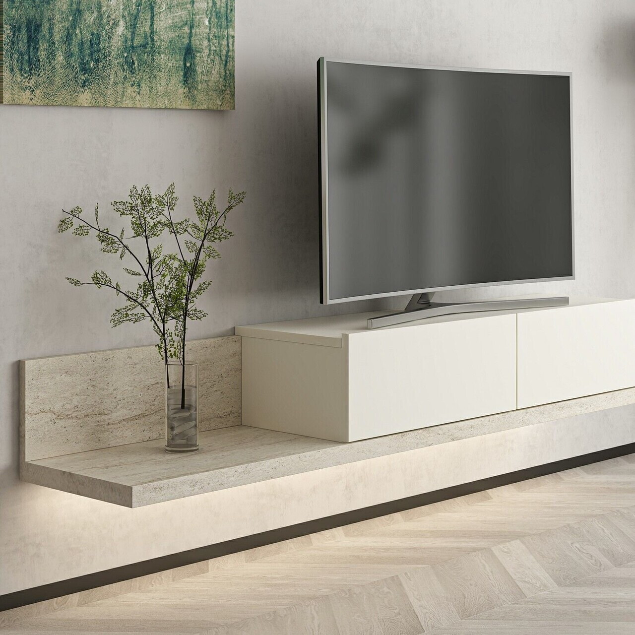 Comoda TV, Hanah Home, Nora, 160x24x30 cm, Piatră Lunii / Travertin — imaginea 3