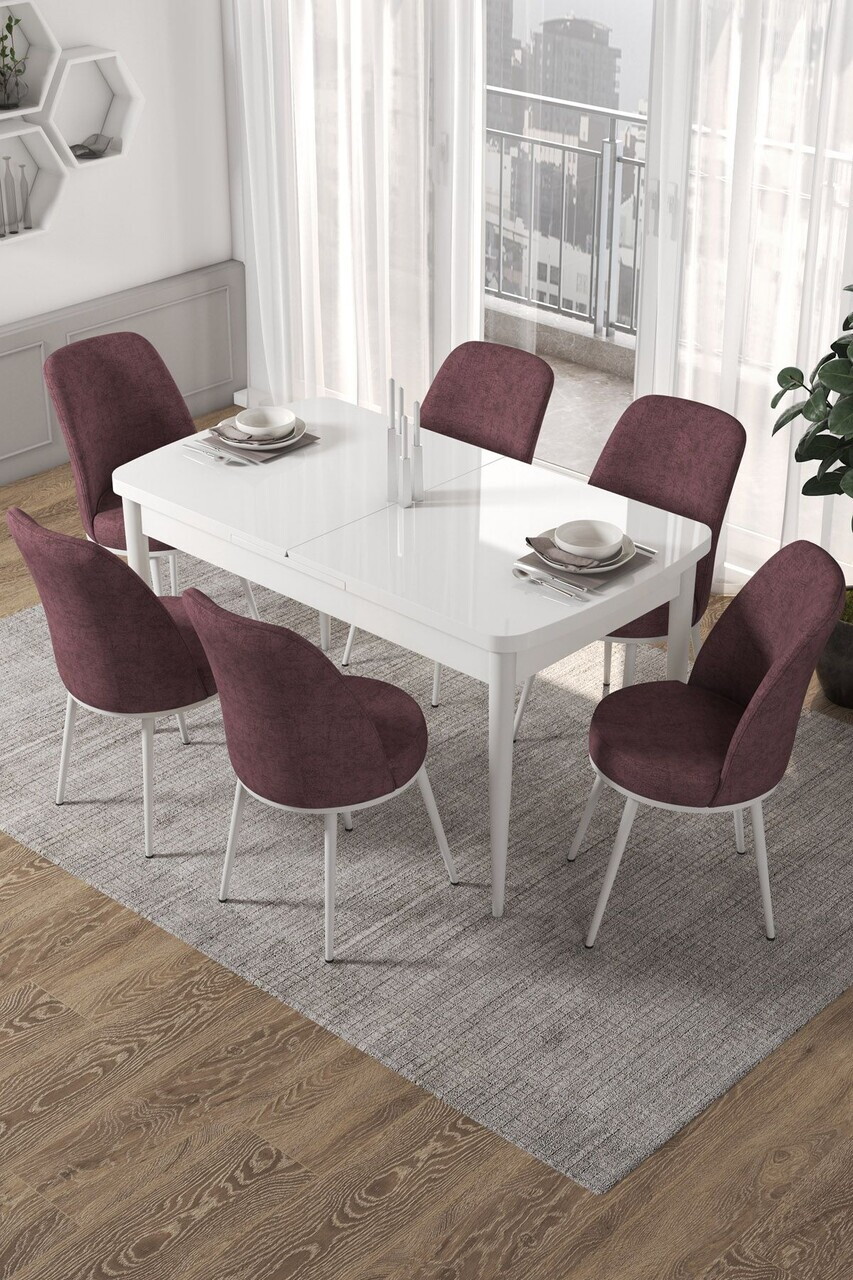 Set masa extensibila si scaune (7 piese), Hanah Home, Via, Alb / Roz Păduros