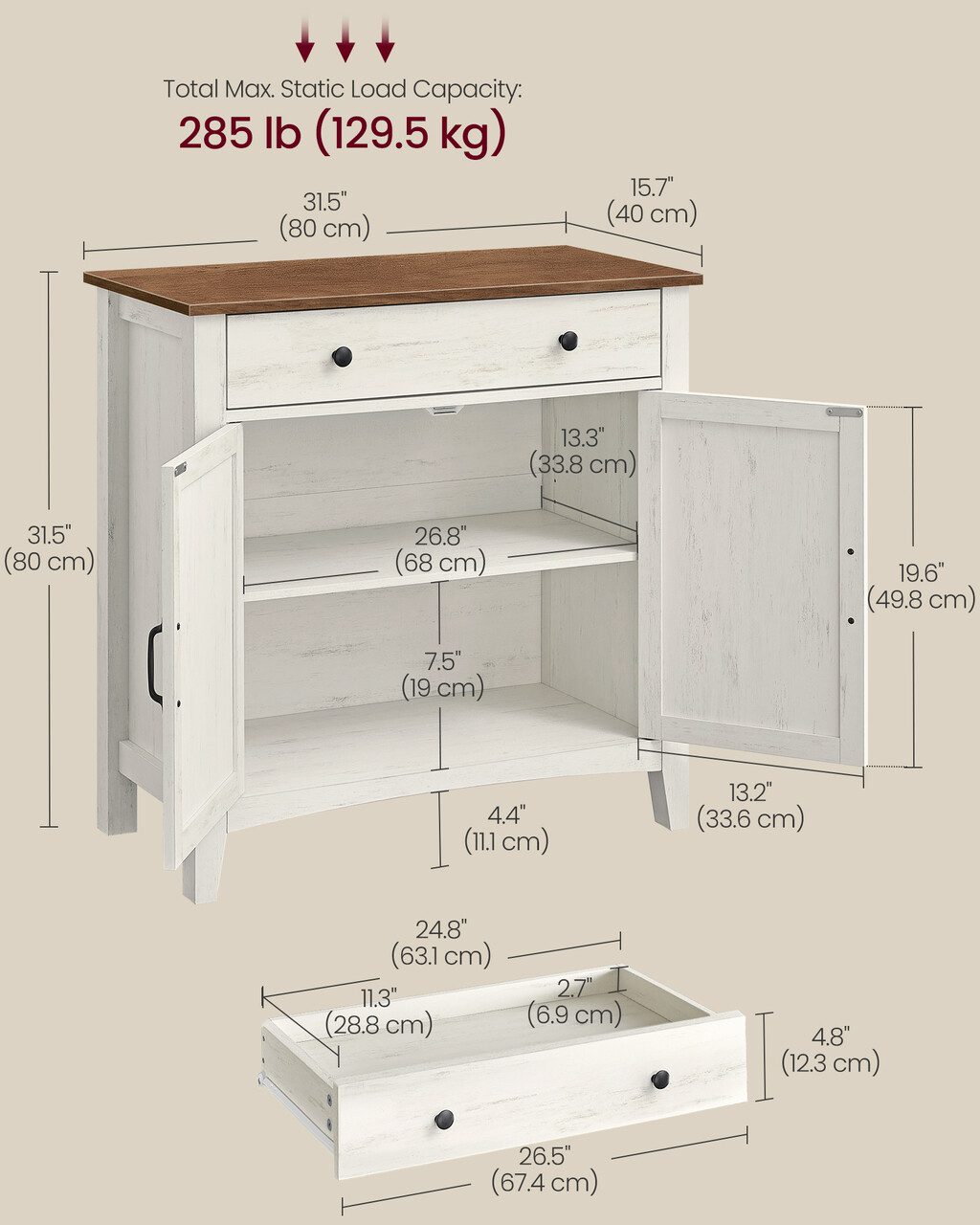 Bufet cu 2 usi si 1 sertar, Vasagle, 80x40x80 cm, MDF/PAL, alb rustic/maro - imagine 9