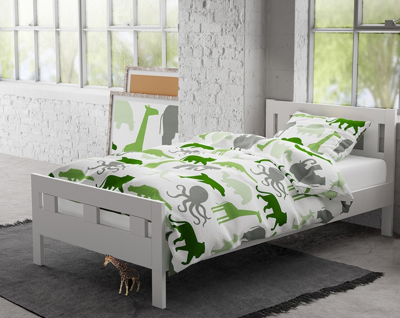 Lenjerie De Pat Pentru O Persoana, Small Dino Green, Royal Textile, 2 Piese, 140 X 200 Cm, 100% Bumbac Flanel, Alb/verde