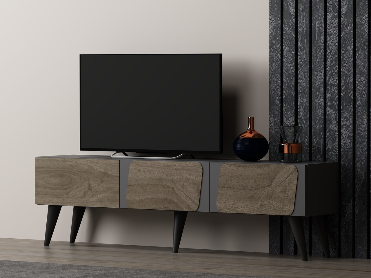 Comoda TV, Odessa, Veas, 150x30x43 cm, PAL, Antracit / Nuc - 2 | YEO