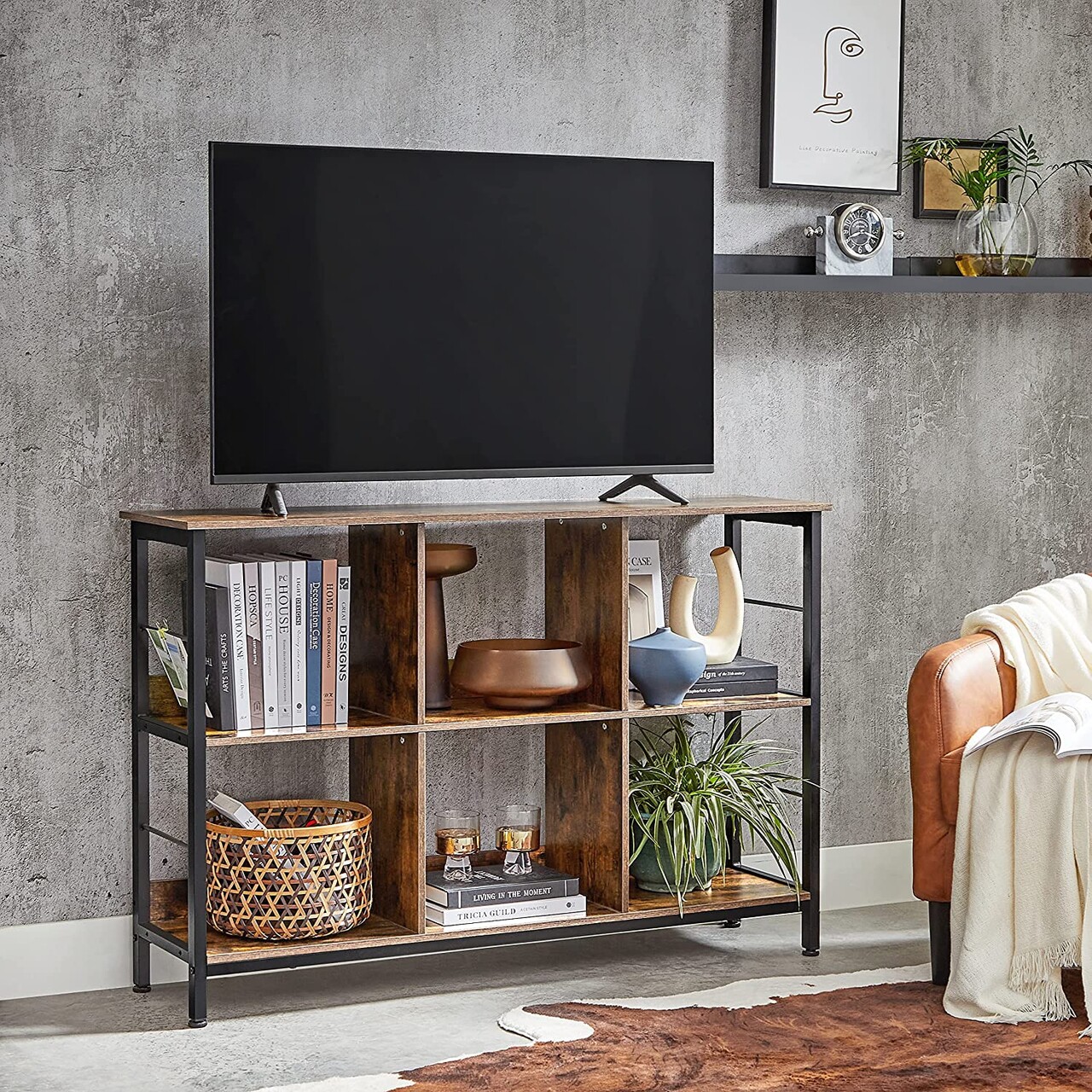 Biblioteca / consola, Vasagle, 120x33x80 cm, PAL/otel, maro rustic - 1 | YEO