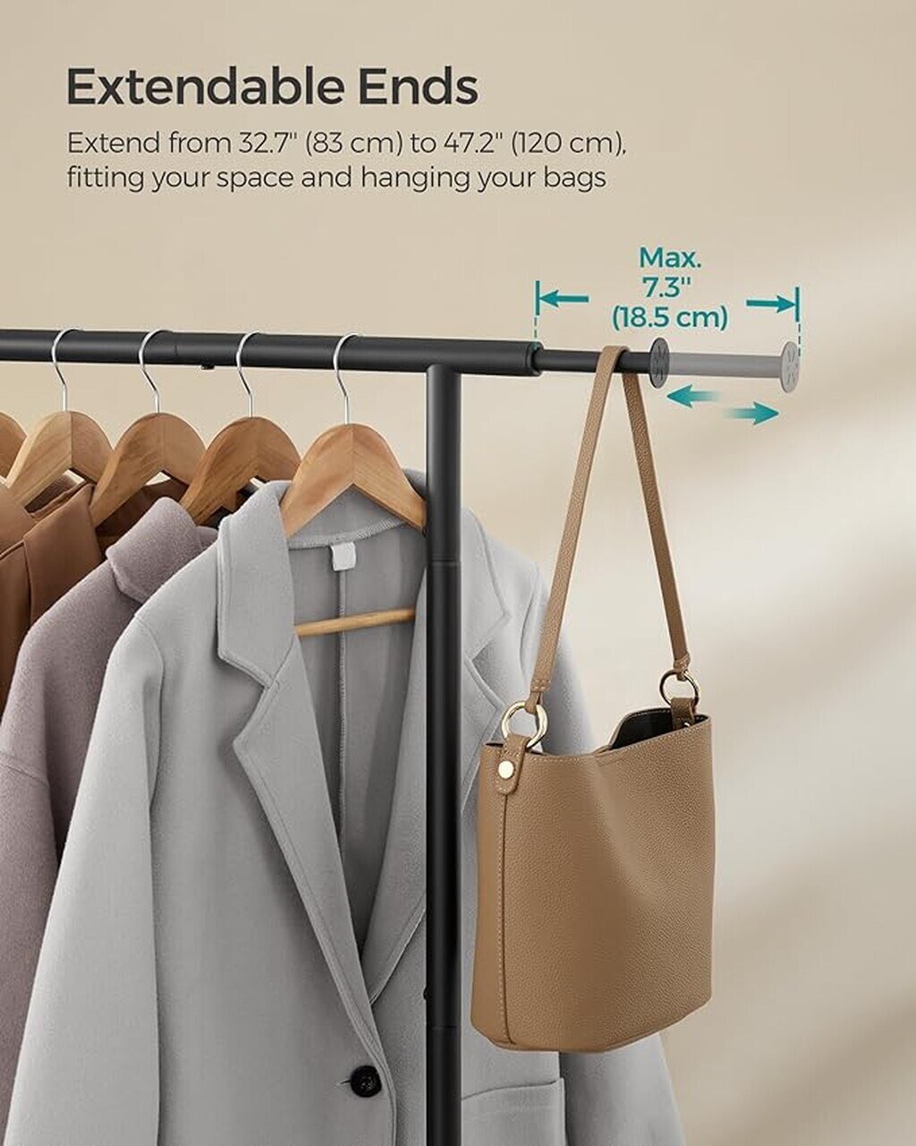 Suport pentru umerase, Songmics, extensibil, cu roti, 120-83x40x156 cm, otel, negru - imagine 2