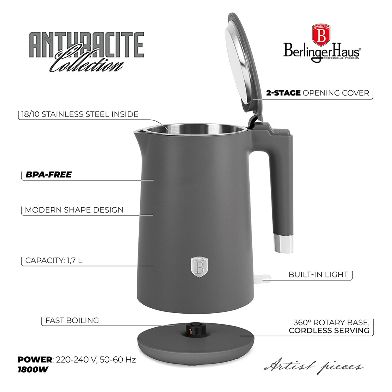 Ceainic electric cu pereti dubli Berlinger Haus, Anthracite, 1.7 L, plastic/inox, antracit mat - imagine 8