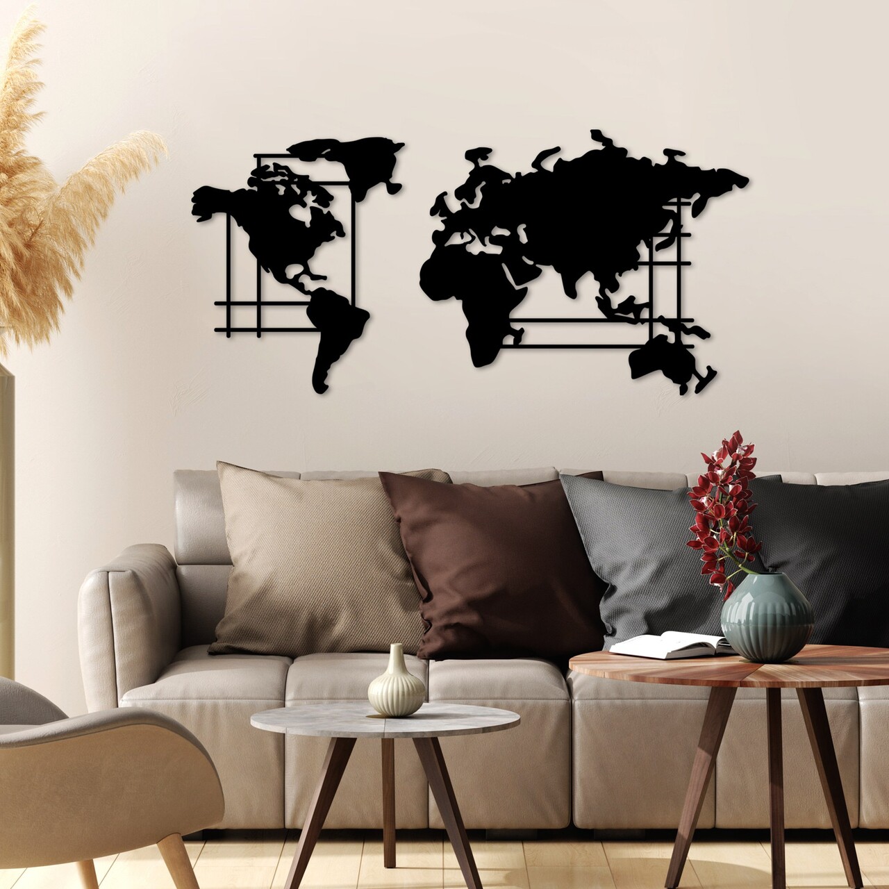 Decoratiune de perete, World Map, Dimensiune: 120 x 56 cm, Negru - view 3