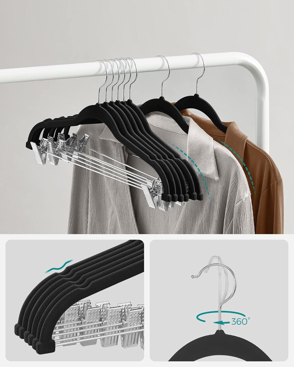 Set 12 umerase pantaloni, Songmics, cu cleme reglabile, catifea, negru - imagine 9
