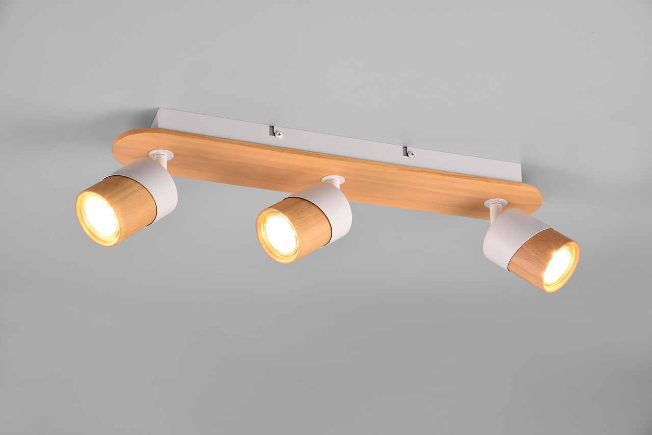 Plafoniera Aruni, TRIO, 48x9x15 cm, 10W, 3x GU10, lemn, natur/alb - 1 | YEO