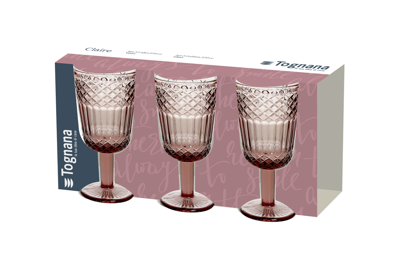 Set 3 pahare Claire, Tognana Porcellane, 270 ml, sticla, roz