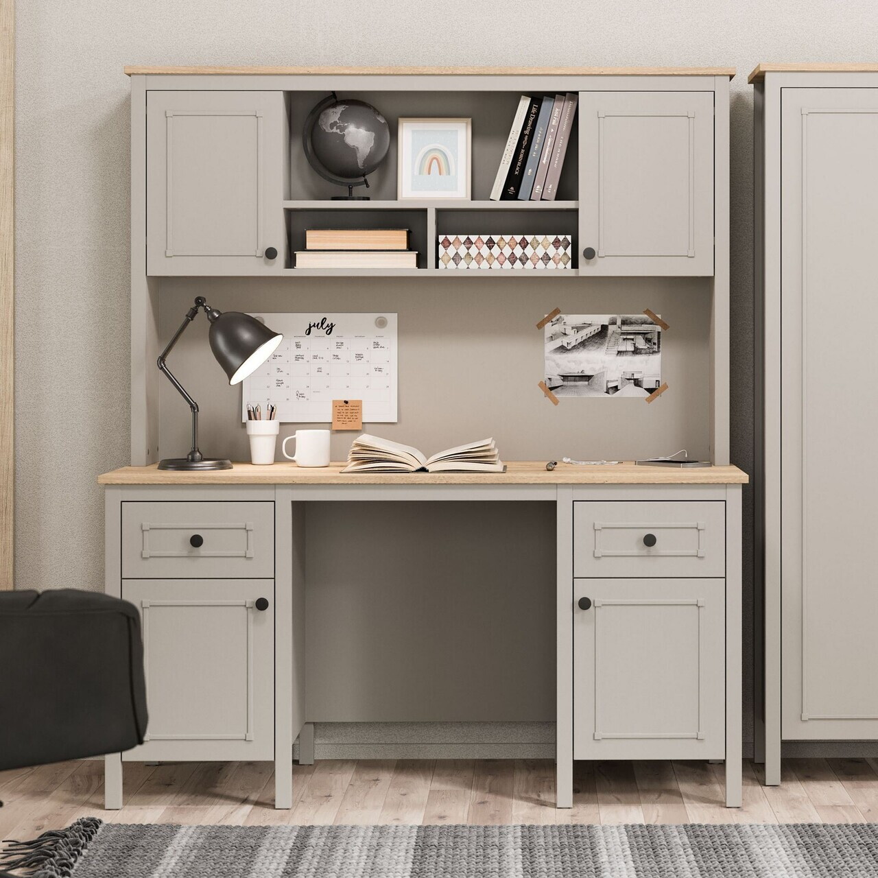 Birou, Hanah Home, Sento, 150x77.3x65 cm, PAL MELAMINAT, Gri / Stejar — imaginea 2