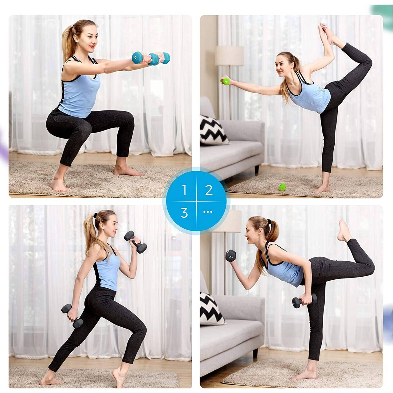 Set gantere fitness 6 piese cu suport, 2 x 1 kg + 2 x 2 kg + 2 x 3 kg, Songmics, neopren, verde/teal/gri inchis - imagine 3
