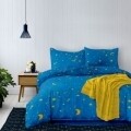 Lenjerie de pat dubla King Size Galaxy, 4 piese, 220 x 250 cm, 100% bumbac, albastru/galben