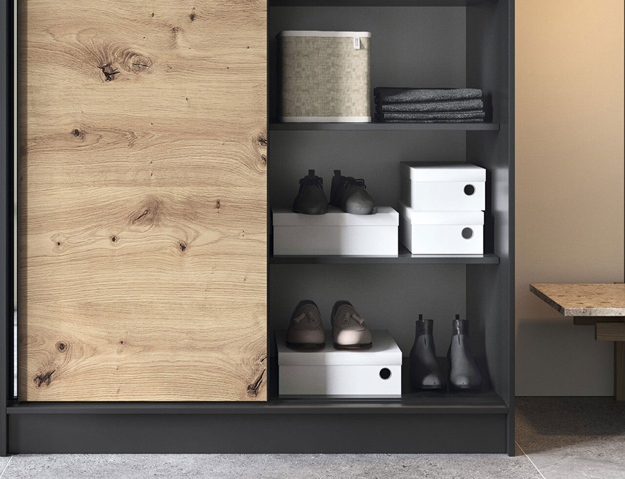 Dulap pentru haine cu oglinda ELTAP, Esville II, 120x60x220 cm, MDF/ABS, negru/stejar - 2 | YEO