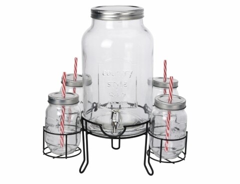 Dispenser pentru bauturi cu pahare si suport Country style, 4.5 L, sticla/metal, transparent