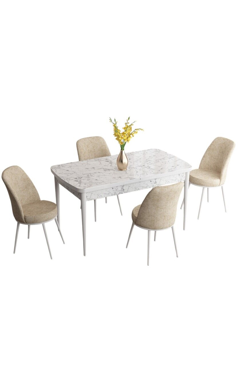 Set masa extensibila si scaune (5 piese), Hanah Home, Han, Model de marmură albă / Crem — imaginea 2