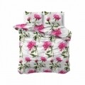 Lenjerie de pat dubla Sunshine Flowers White, Sleeptime,  3 piese, 200 x 220 cm, 80% bumbac, roz si alb